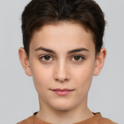 Neutral white young-adult female with short  brown hair and brown eyes