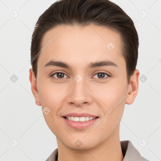 Joyful white young-adult female with short  brown hair and brown eyes