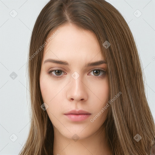 Neutral white young-adult female with long  brown hair and brown eyes