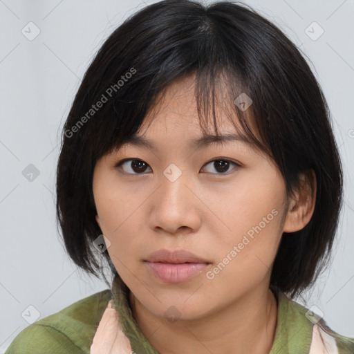 Neutral asian young-adult female with medium  brown hair and brown eyes