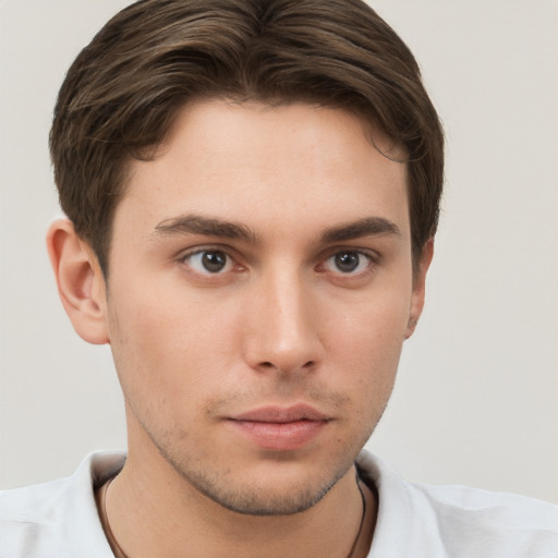 Neutral white young-adult male with short  brown hair and brown eyes