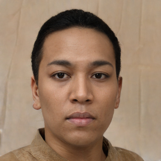 Neutral asian young-adult female with short  black hair and brown eyes