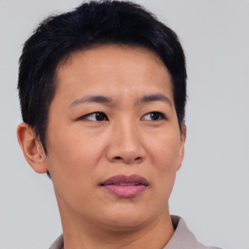 Joyful asian adult female with short  black hair and brown eyes