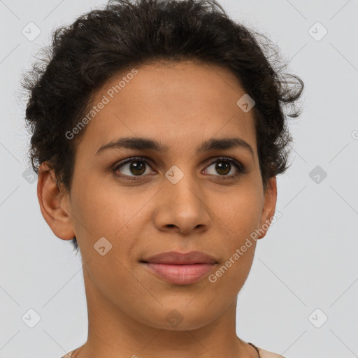 Joyful latino young-adult female with short  brown hair and brown eyes