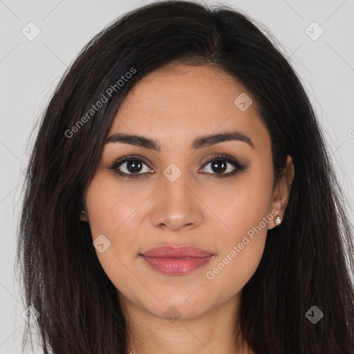 Joyful latino young-adult female with long  brown hair and brown eyes