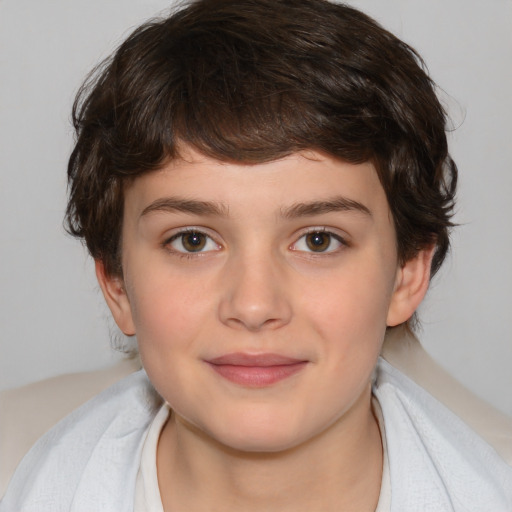 Joyful white child female with medium  brown hair and brown eyes