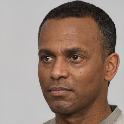 Neutral latino adult male with short  black hair and brown eyes