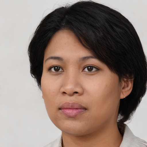 Neutral asian young-adult female with medium  black hair and brown eyes