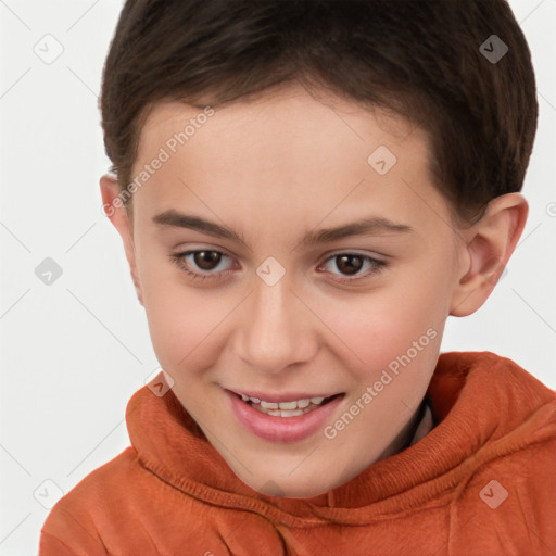 Joyful white child female with short  brown hair and brown eyes