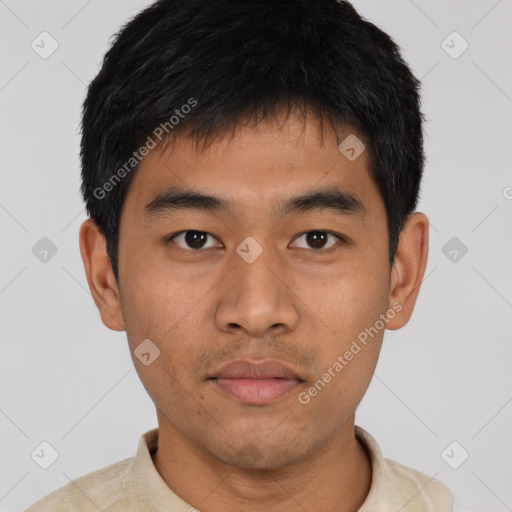 Neutral asian young-adult male with short  brown hair and brown eyes