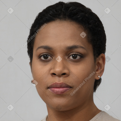 Neutral black young-adult female with short  black hair and brown eyes