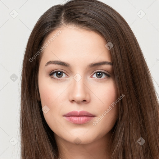 Neutral white young-adult female with long  brown hair and brown eyes