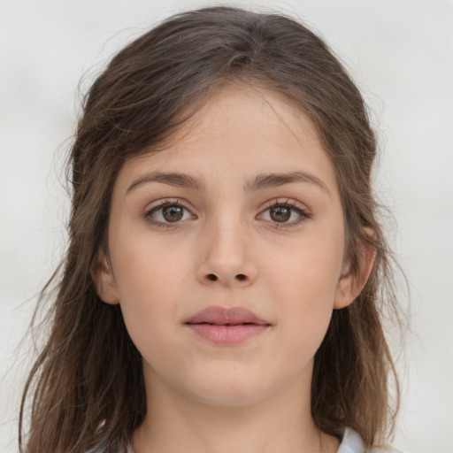 Neutral white young-adult female with long  brown hair and grey eyes