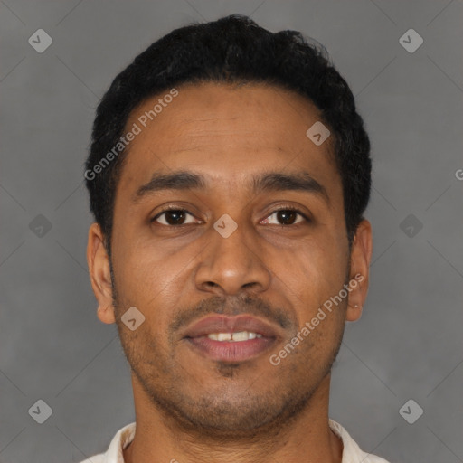 Neutral latino young-adult male with short  black hair and brown eyes