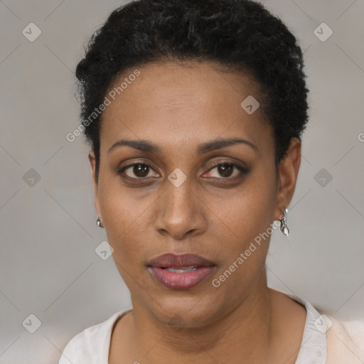 Neutral black young-adult female with short  black hair and brown eyes