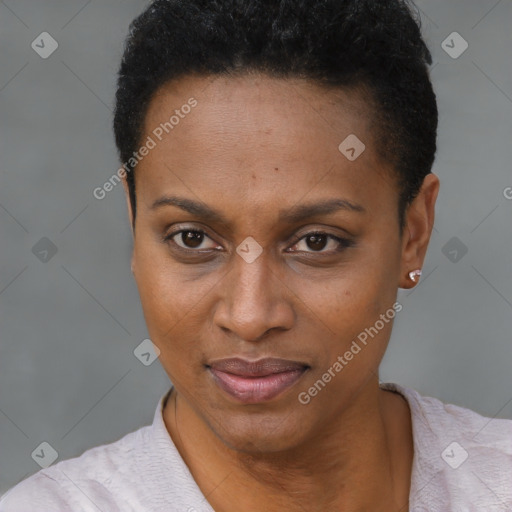 Joyful black young-adult female with short  brown hair and brown eyes