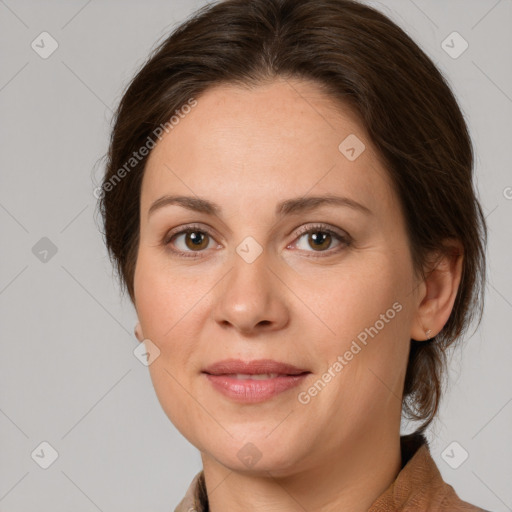 Joyful white young-adult female with medium  brown hair and green eyes