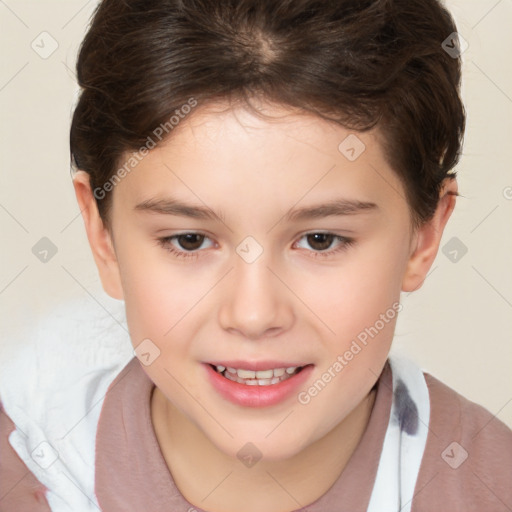 Joyful white child female with short  brown hair and brown eyes