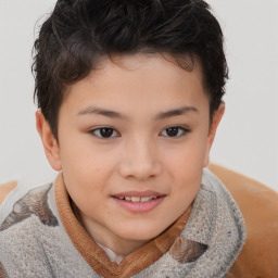 Joyful white child female with short  brown hair and brown eyes