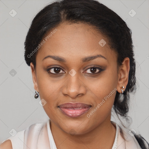 Joyful latino young-adult female with medium  brown hair and brown eyes