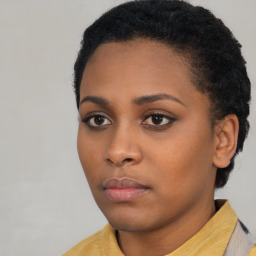 Neutral black young-adult female with short  black hair and brown eyes