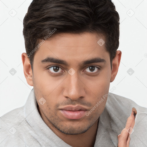 Neutral white young-adult male with short  brown hair and brown eyes