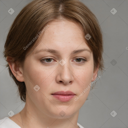 Joyful white young-adult female with medium  brown hair and blue eyes