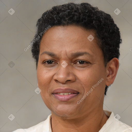 Joyful latino adult female with short  brown hair and brown eyes