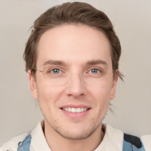 Joyful white adult male with short  brown hair and grey eyes