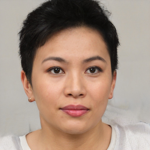 Neutral asian young-adult female with short  brown hair and brown eyes