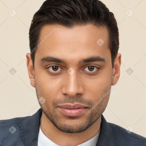 Neutral white young-adult male with short  brown hair and brown eyes