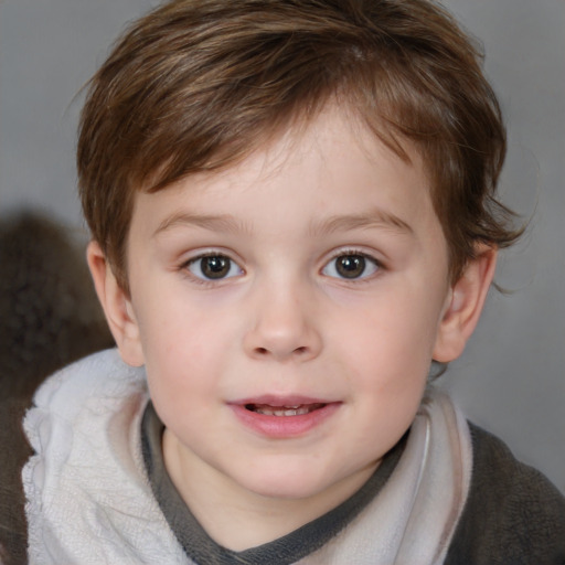 Joyful white child male with medium  brown hair and brown eyes