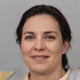 Joyful white adult female with medium  brown hair and brown eyes