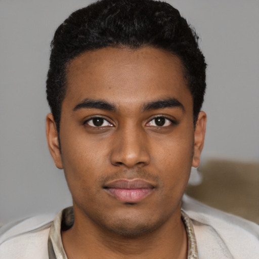 Neutral black young-adult male with short  black hair and brown eyes