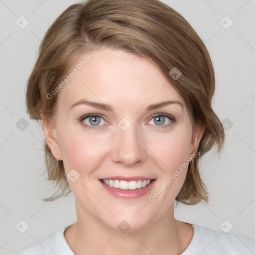 Joyful white young-adult female with medium  brown hair and blue eyes