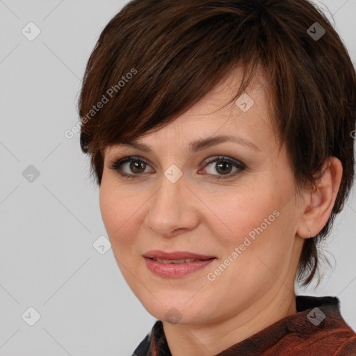 Joyful white adult female with medium  brown hair and brown eyes