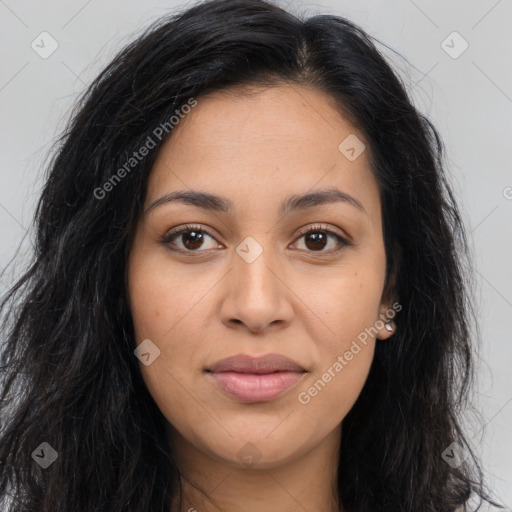 Joyful latino young-adult female with long  brown hair and brown eyes