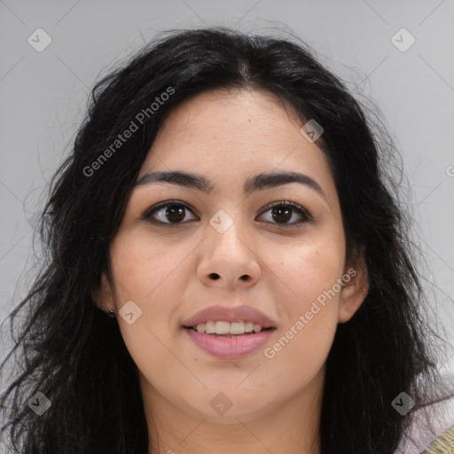 Joyful asian young-adult female with long  brown hair and brown eyes