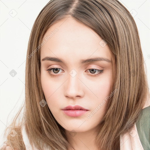 Neutral white young-adult female with long  brown hair and brown eyes