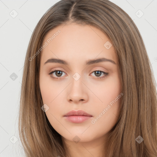 Neutral white young-adult female with long  brown hair and brown eyes