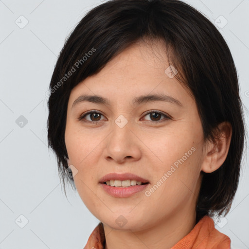 Joyful white young-adult female with medium  brown hair and brown eyes