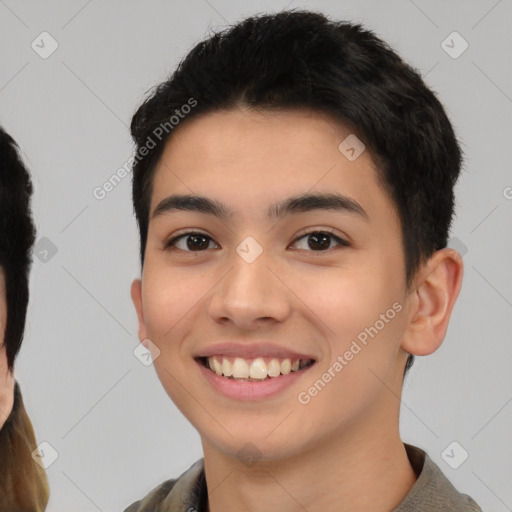 Joyful white young-adult male with short  black hair and brown eyes