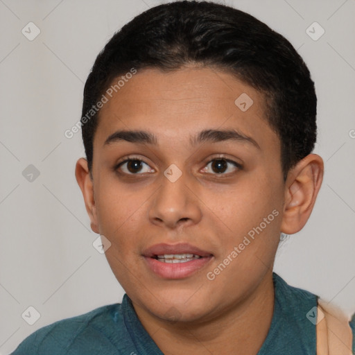 Joyful latino young-adult female with short  brown hair and brown eyes