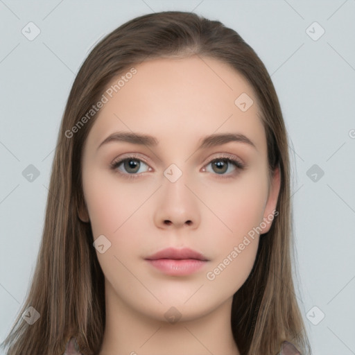 Neutral white young-adult female with long  brown hair and brown eyes