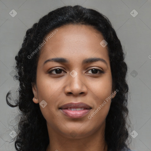 Joyful latino young-adult female with long  black hair and brown eyes