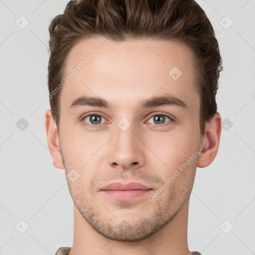 Neutral white young-adult male with short  brown hair and grey eyes