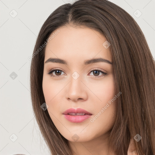 Neutral white young-adult female with long  brown hair and brown eyes