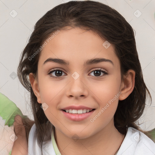 Joyful white child female with medium  brown hair and brown eyes