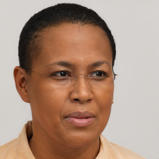 Neutral black adult female with short  brown hair and brown eyes