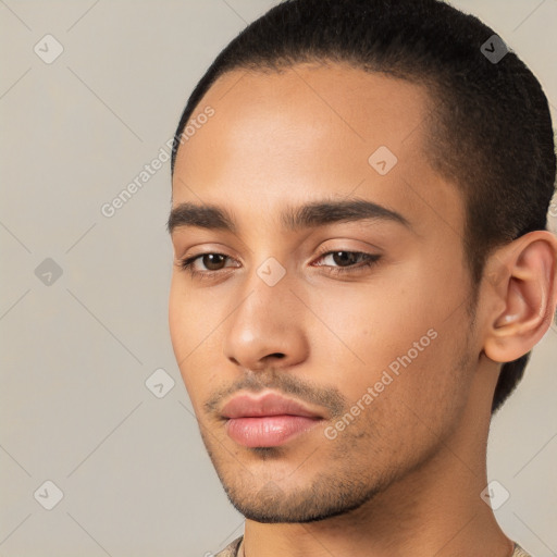 Neutral white young-adult male with short  brown hair and brown eyes